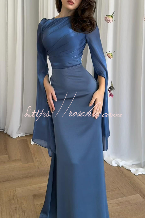 Ruched Organza Satin Patchwork Maxi Dress with Bell Sleeves