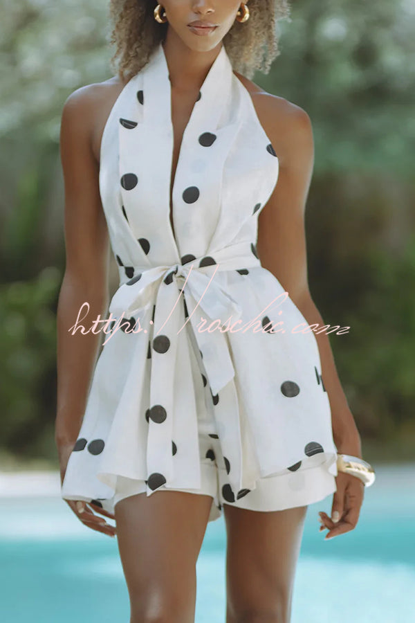 Linen Blend Polka Dot Halter Vest & Shorts Set with Belt