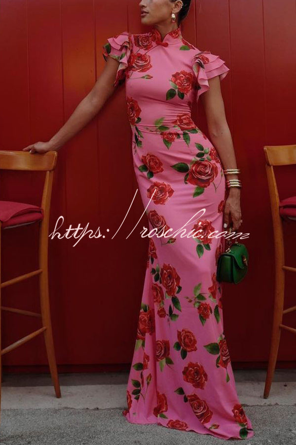 Rose Floral Print Cheongsam Maxi Dress with Tiered Sleeves
