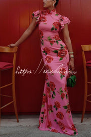 Rose Floral Print Cheongsam Maxi Dress with Tiered Sleeves
