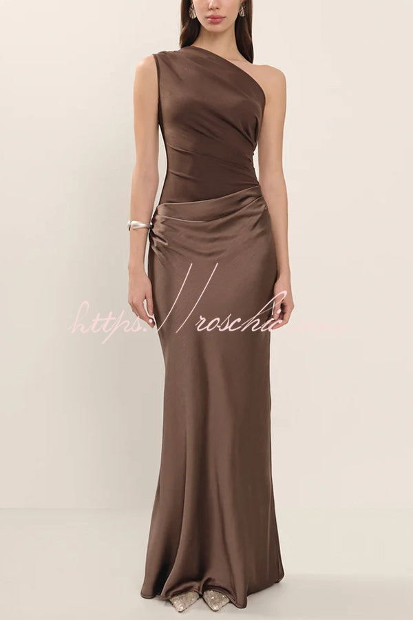 Satin One Shoulder Ruched Maxi Dress for Party