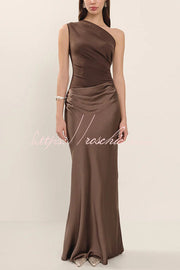 Satin One Shoulder Ruched Maxi Dress for Party