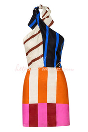 Linen Blend Color Block Halter Mini Dress – Loose Fit