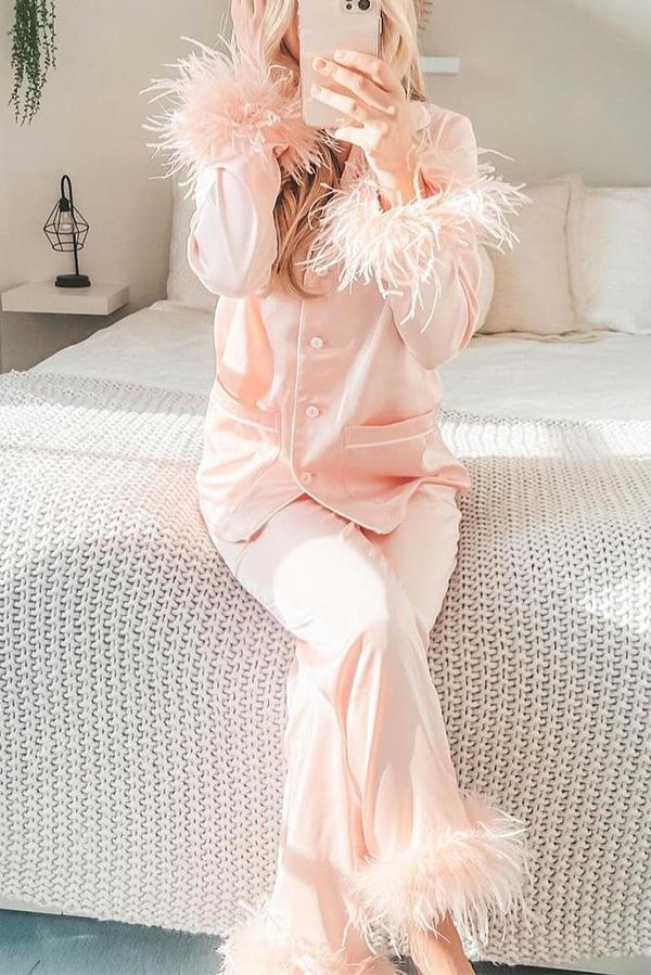Feather Trim Lapel Two-Piece Pant Suit | Solid Color