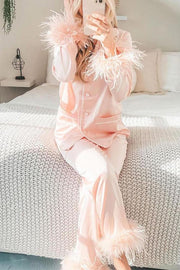 Feather Trim Lapel Two-Piece Pant Suit | Solid Color