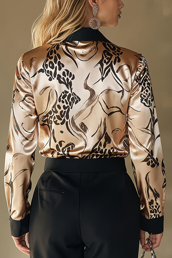 Printed Satin Long-Sleeve Shirt | Loose Fit Office Blouse