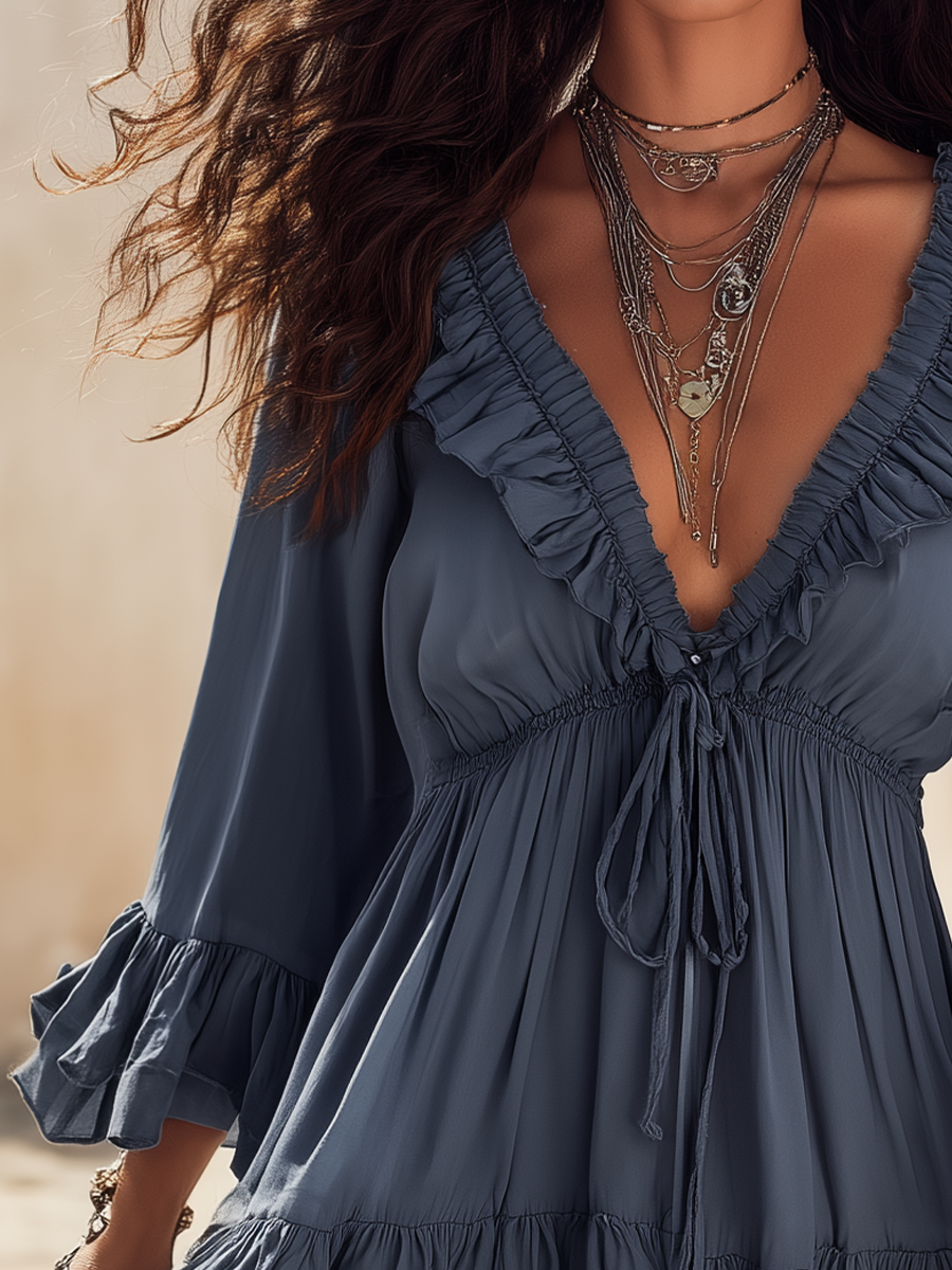 Slate Blue Ruffle Trim Mini Dress with Flutter Sleeves