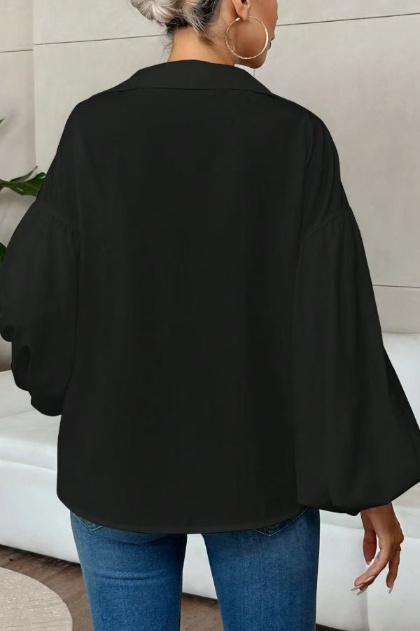 Polka Dot Puff Sleeve Collared Loose Blouse