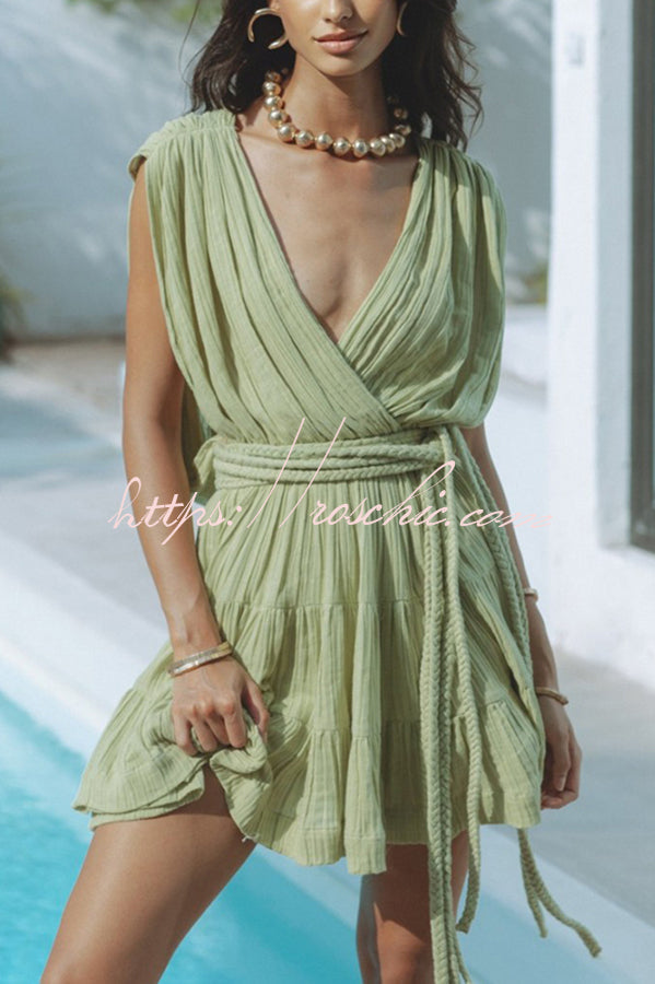 Linen Blend Draped Mini Dress with Braided Belt Detail