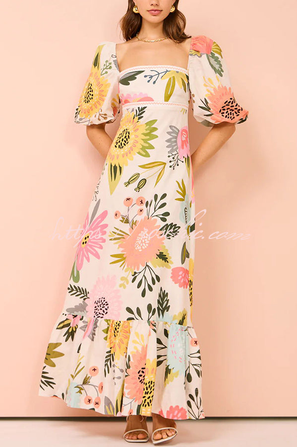 Floral Print Square Neck Bubble Sleeve Maxi Dress