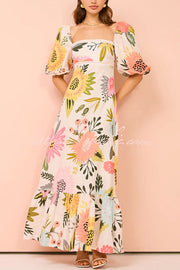 Floral Print Square Neck Bubble Sleeve Maxi Dress