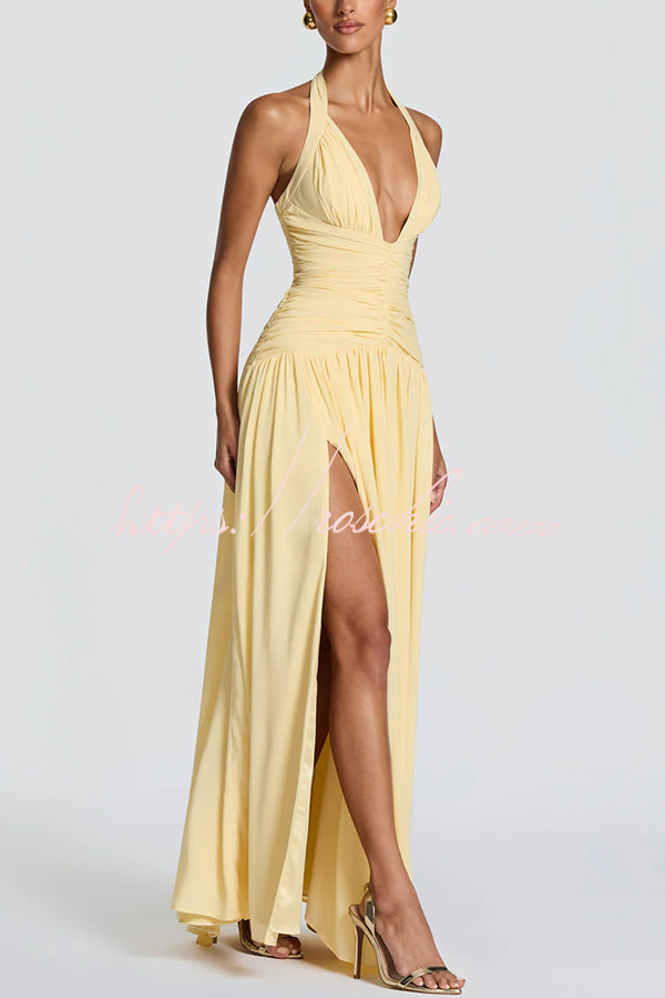 Chiffon Halter Maxi Dress with Lace-Up Back and Side Slit