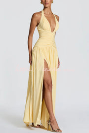 Chiffon Halter Maxi Dress with Lace-Up Back and Side Slit