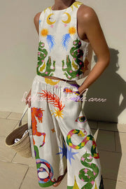 Linen Blend Printed Tank & Pants Set with Pockets