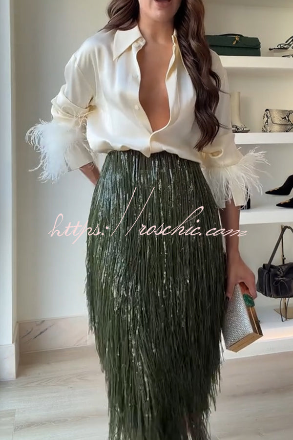 Feather Trim Long Sleeve Blouse – Loose Fit Party Top
