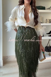 Feather Trim Long Sleeve Blouse – Loose Fit Party Top
