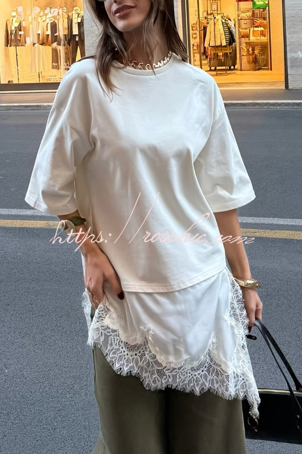 Lace Hem Loose Fit Round Neck Short Sleeve T-Shirt