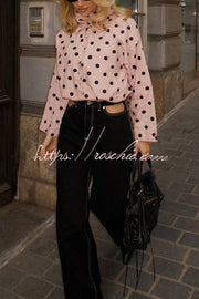 Polka Dot Loose Jacket with Stand Collar & Bow Tie Detail