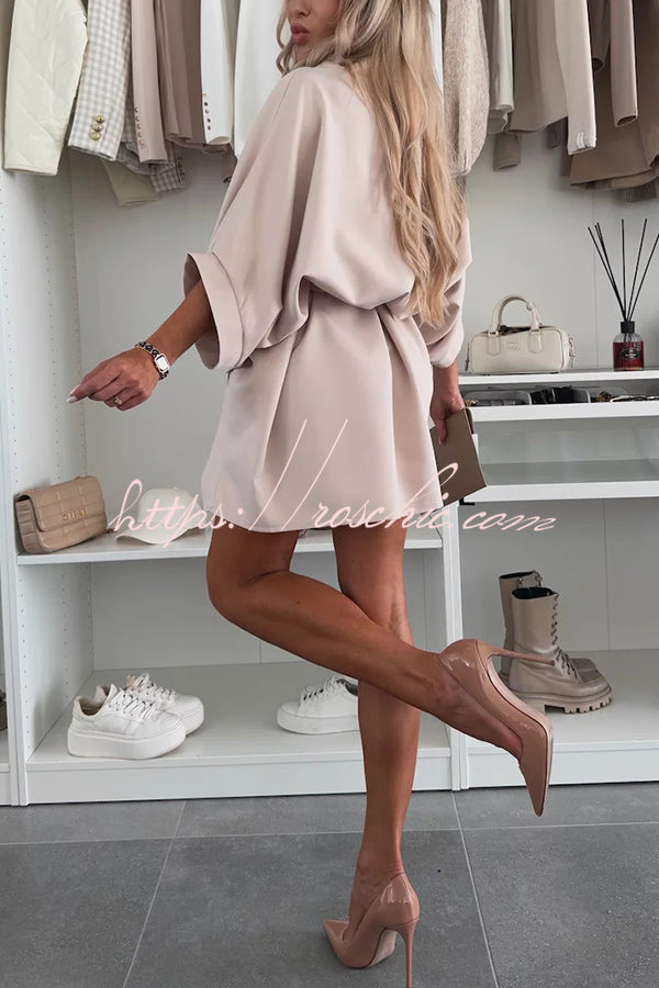 Loose Batwing Sleeve Belted Mini Dress – Solid Color