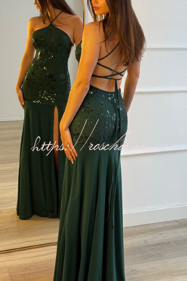 Sequin Halter Neck Slim-Fit Slit Maxi Dress