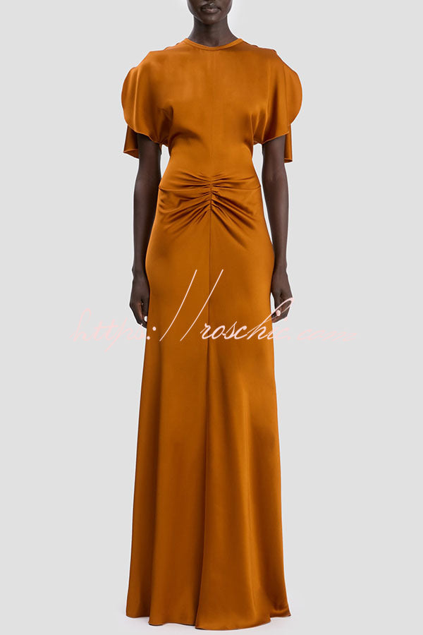 Satin Maxi Dress Short Sleeve Ruched Waist V-Back Gown