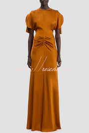 Satin Maxi Dress Short Sleeve Ruched Waist V-Back Gown
