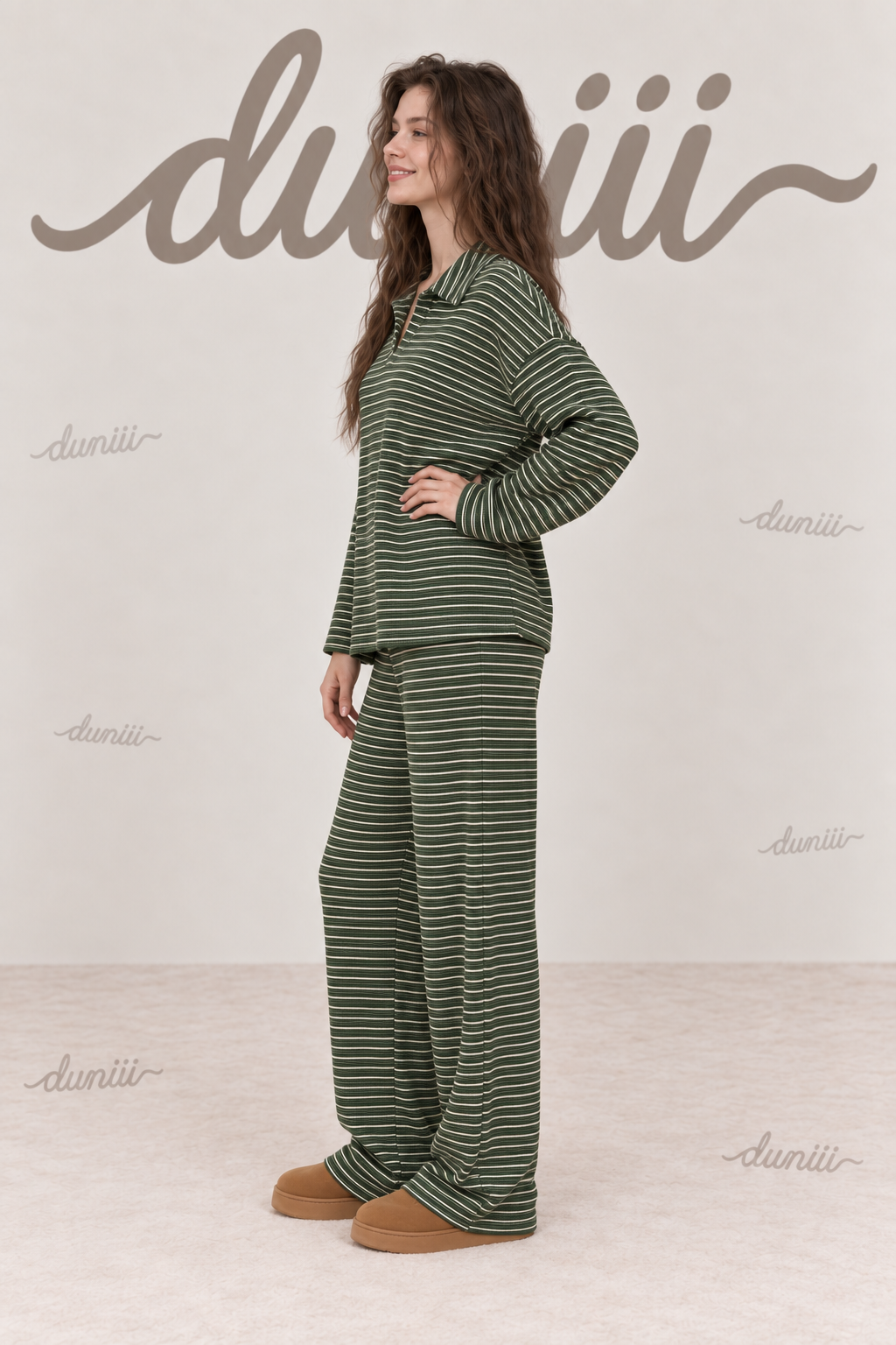 Duniii Striped V-Neck Long Sleeve Lounge Set