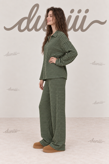 Duniii Striped V-Neck Long Sleeve Lounge Set
