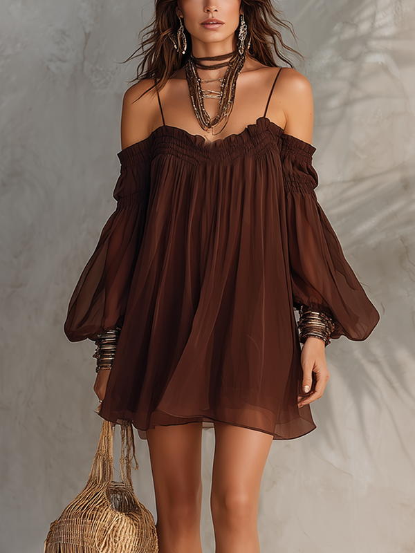 Mini-robe à manches longues en mousseline de soie marron | Style bohème