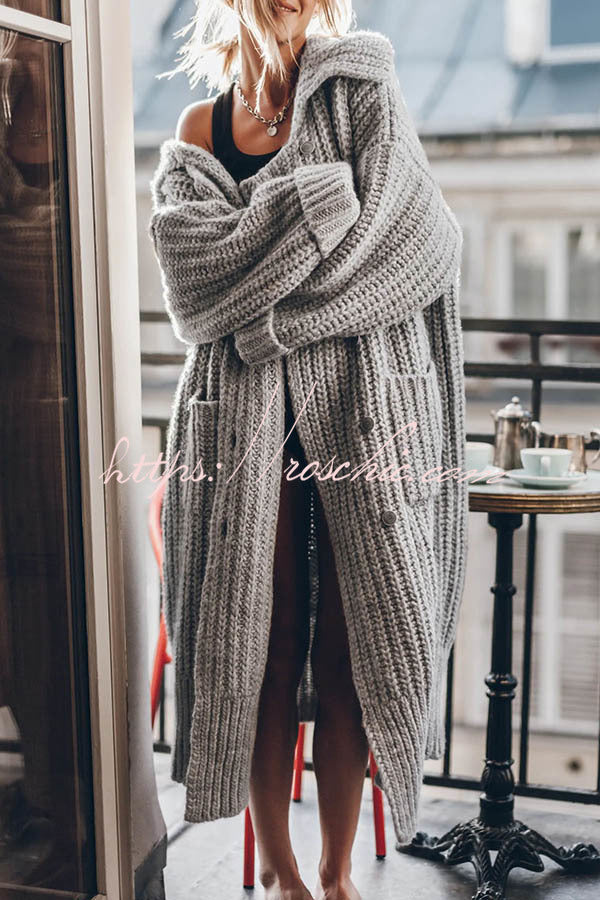 Cardigan midi surdimensionné à poches boutonnées en tricot épais et chaud