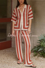 Knit Collared Short-Sleeve Top & Elastic Waist Pants Set