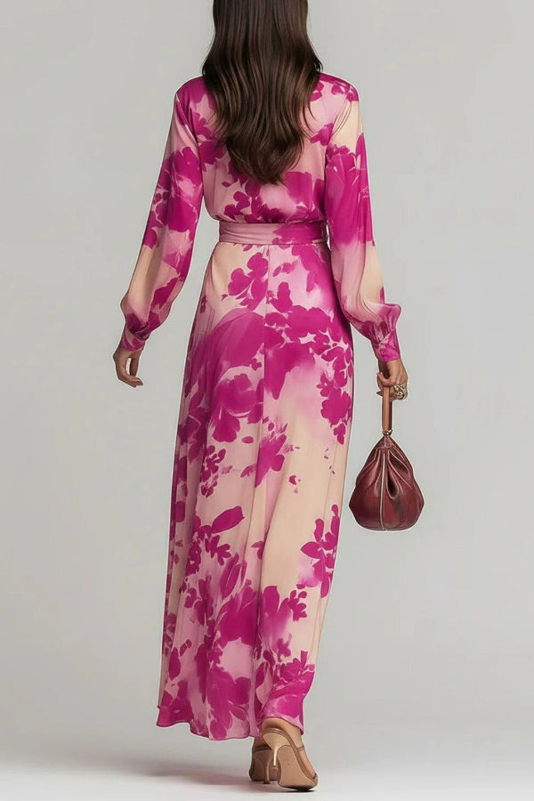 Floral Print Chiffon Maxi Dress | Long Sleeve V-Neck