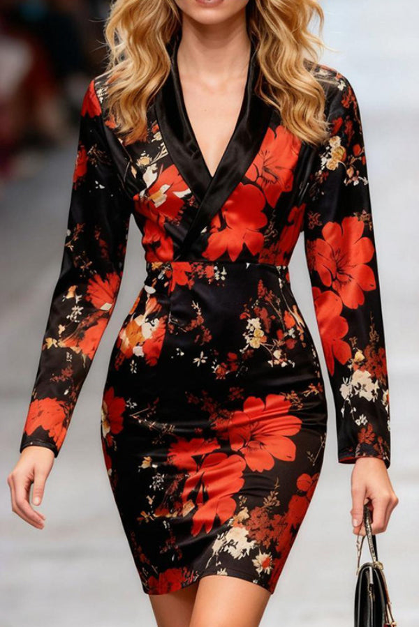Floral Print V-Neck Mini Dress with Long Sleeves