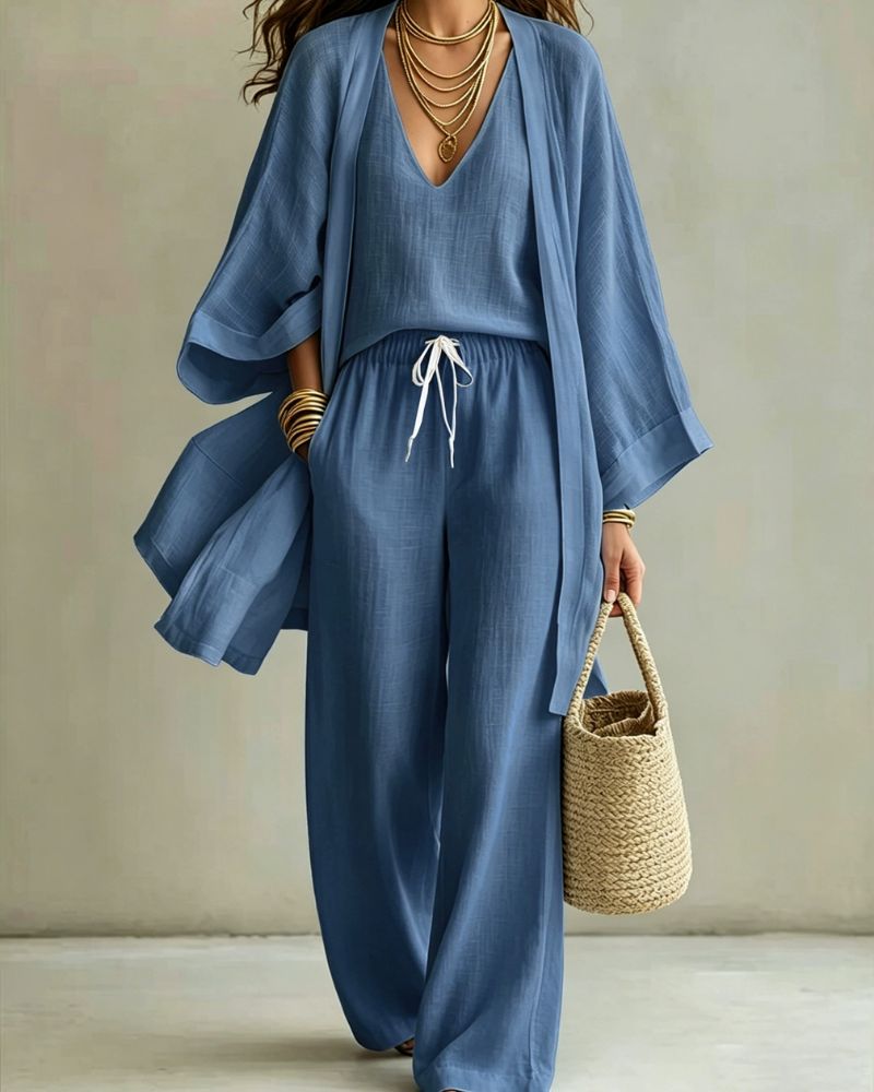 Sleeveless V-Neck Wide-Leg Three-Piece Set