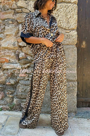 Leopard Print Color Block Short Sleeve Shirt and Pants Set