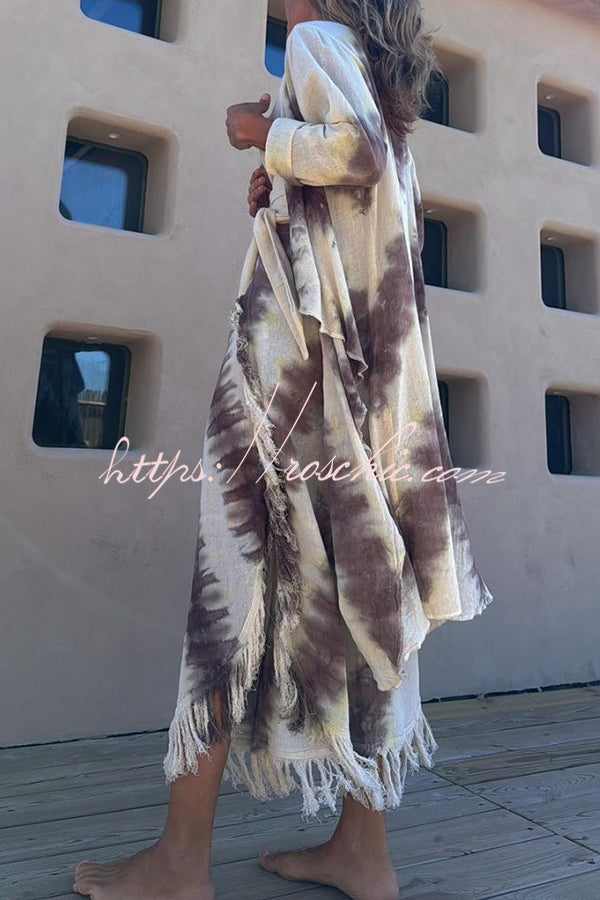 Cache-maillot kimono en mélange de lin tie-dye