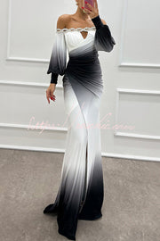 Gradient Print Off-Shoulder Maxi Gown with Gem Detail