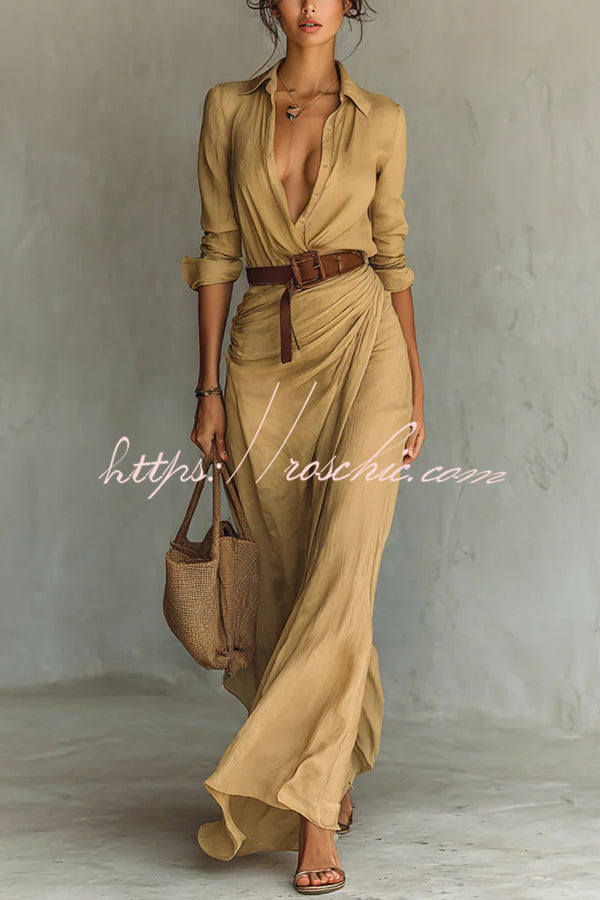 Long Sleeve Wrap Slit Maxi Dress – Loose Lapel Shirt Style