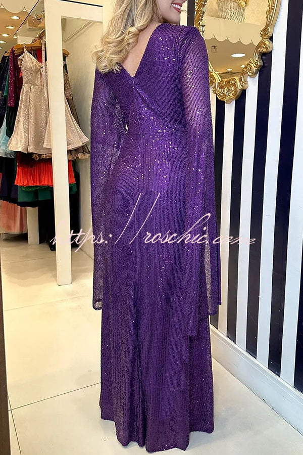 Sequin Cape Sleeve Cross-Waist Evening Maxi Dress