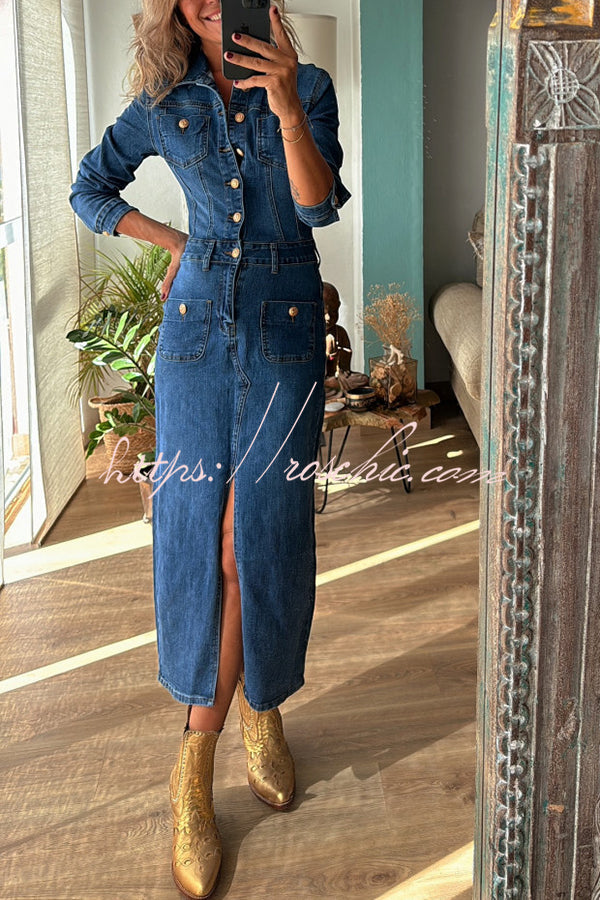 Denim Midi Dress with Button-Zip Shirt Neck & Pencil Slit
