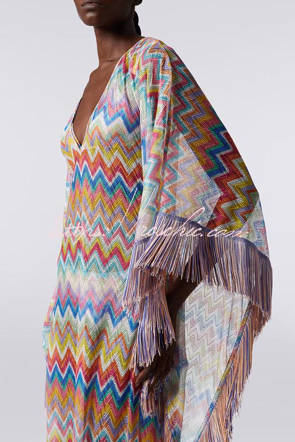 Knit Zigzag Fringe Trim Vacation Maxi Dress | One Size