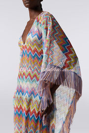 Knit Zigzag Fringe Trim Vacation Maxi Dress | One Size