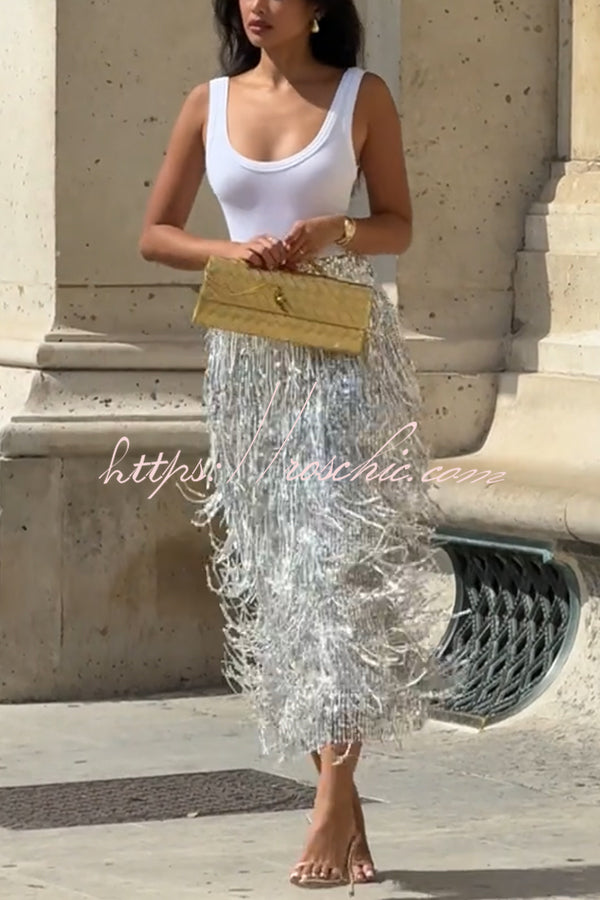 Sequin Midi Skirt with Layered Tassels and Back Slit
