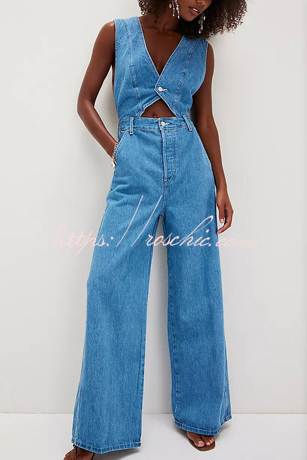 Combinaison en jean avec corsage gilet, dos croisé et poches