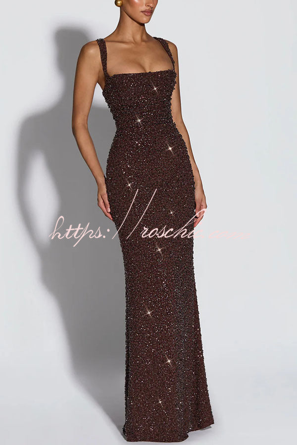 Sequin Chiffon Ruched Square Neck Lace-Up Maxi Dress