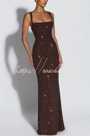 Sequin Chiffon Ruched Square Neck Lace-Up Maxi Dress