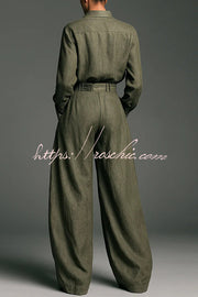 Linen Blend Wide-Leg Pants & Lapel Shirt Set