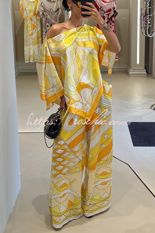 Satin Cape-Sleeve Top & Wide-Leg Pants Set | Vacation