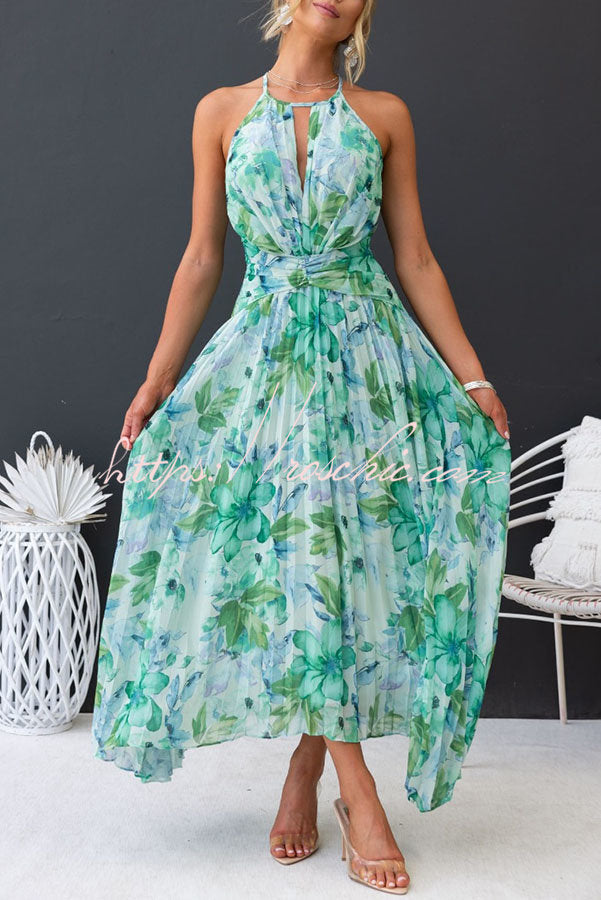 Floral Cutout Neck Pleated Midi Dress – Loose Fit