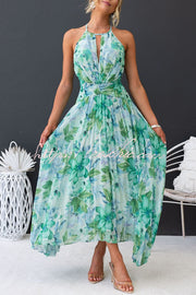 Floral Cutout Neck Pleated Midi Dress – Loose Fit